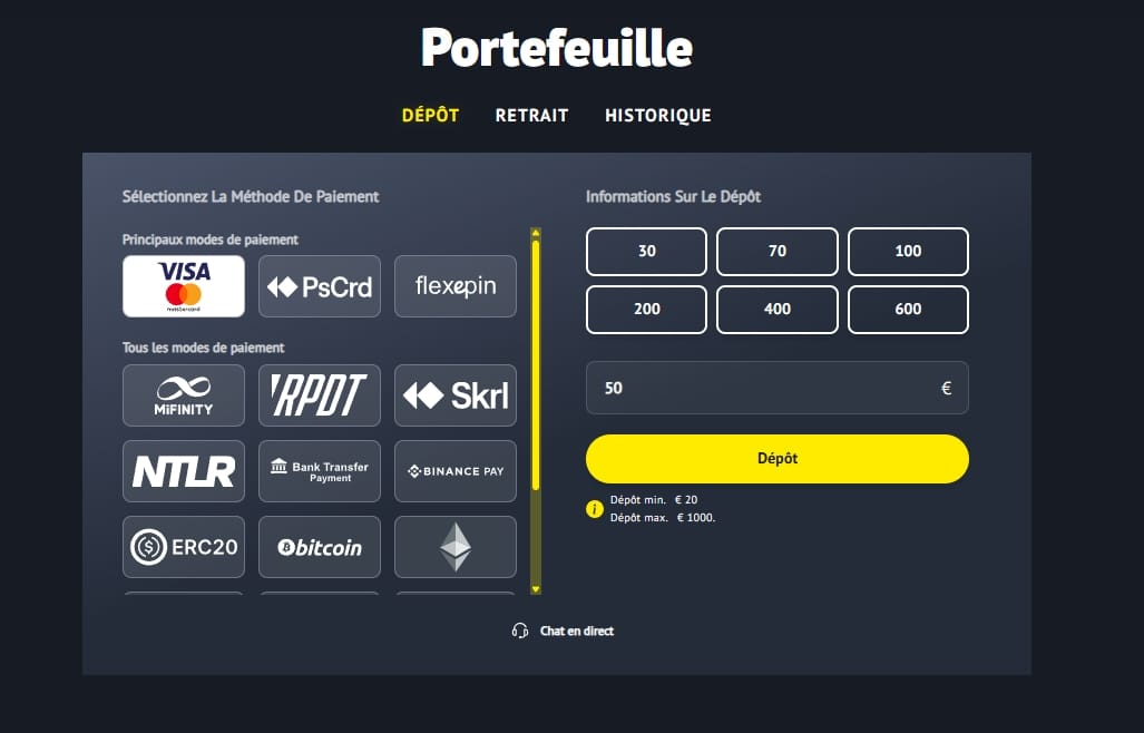 Interface de dépôt sur Yonibet — crypto, carte bancaire, virement