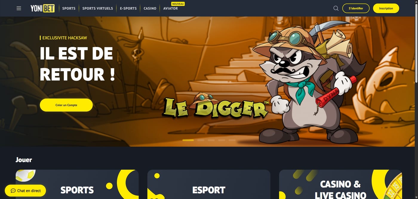 Page d'accueil Yonibet — bookmaker et casino en ligne