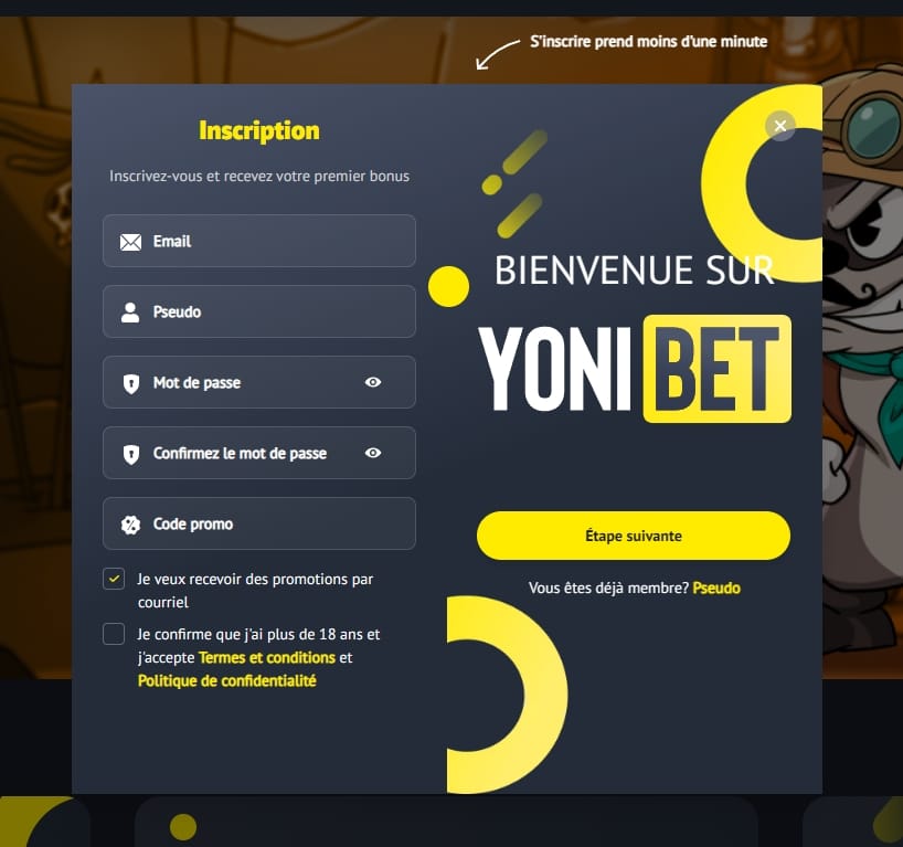 Formulaire d'inscription Yonibet — création de compte rapide
